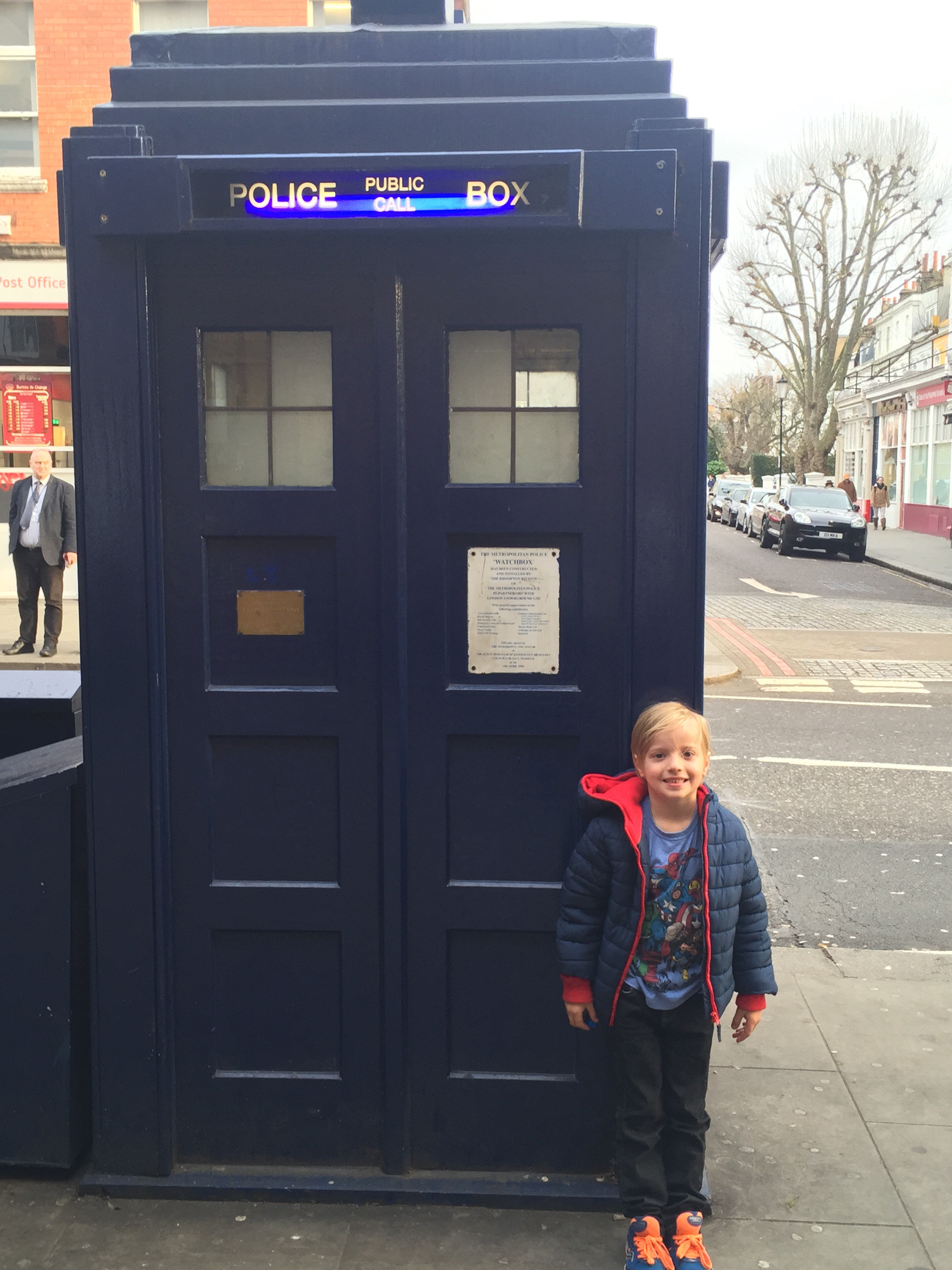 ArgeySon outside the TARDIS at Earl's Court Station