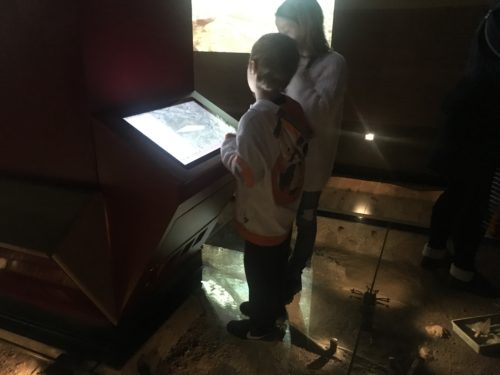 The interactive screen, and the glass floor that allows you to see the excavation site underneath.