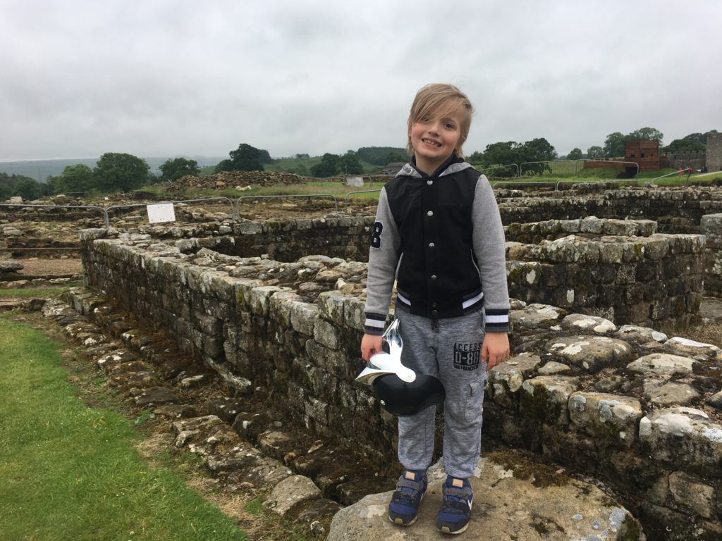 ArgeySon with his Gladiator helmet that he bought at the Hadrian's Wall Museum